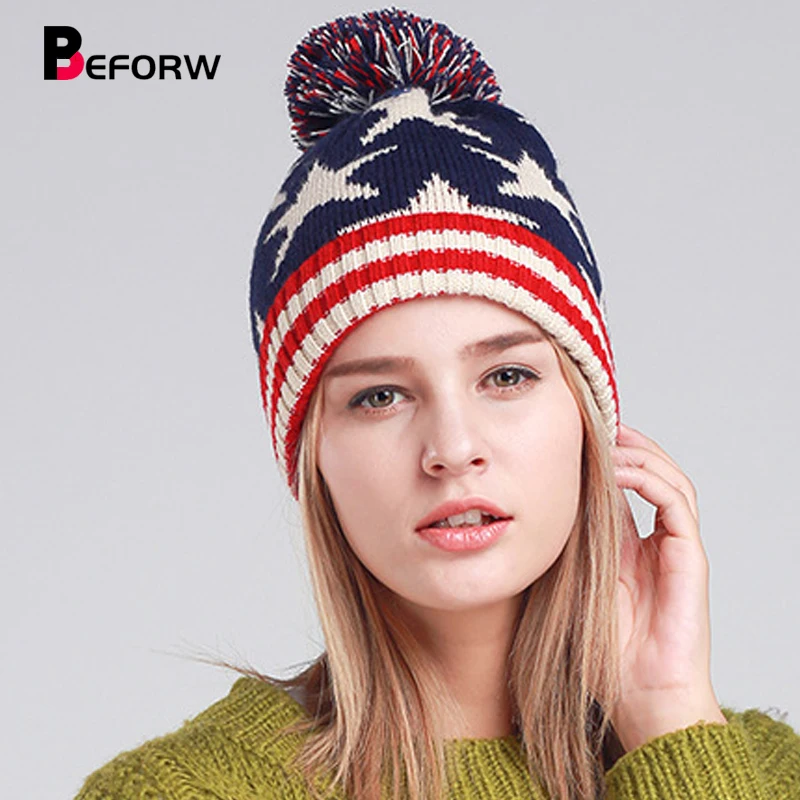 BEFORW Новая женская вязаная зимняя теплая шапочка шапки женские s Star мешковатые эластичные бини с помпоном шапка