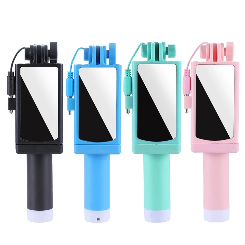 

Stainless Steel Mini Selfie Stick with Rear View Mirror Foldable Wire Control Mobile Phone-Black/ Blue/ Green/ Pink