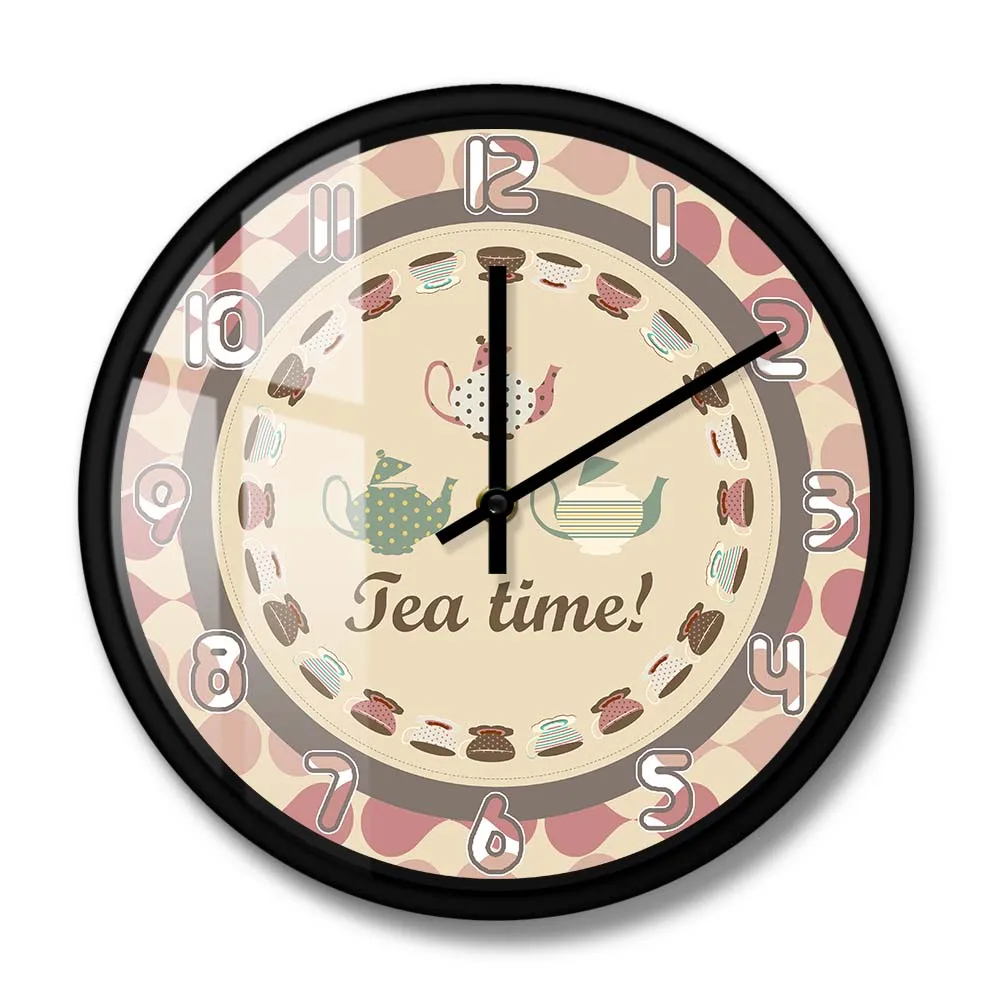 

Tea Time Retro Kitchen Wall Clock Breakfast Room Artwork Decor Teacup Print Clock Silent Wall Watch Tea Lover Housewarming Gift