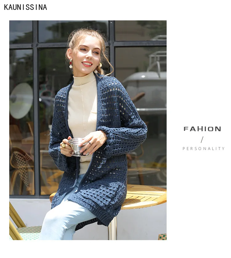 

Women Cardigans Hollow Out Sweater V neck Solid Loose Knitwear Casual Knit Cardigan Outwear Spring Autumn Knitted Jacket Coat