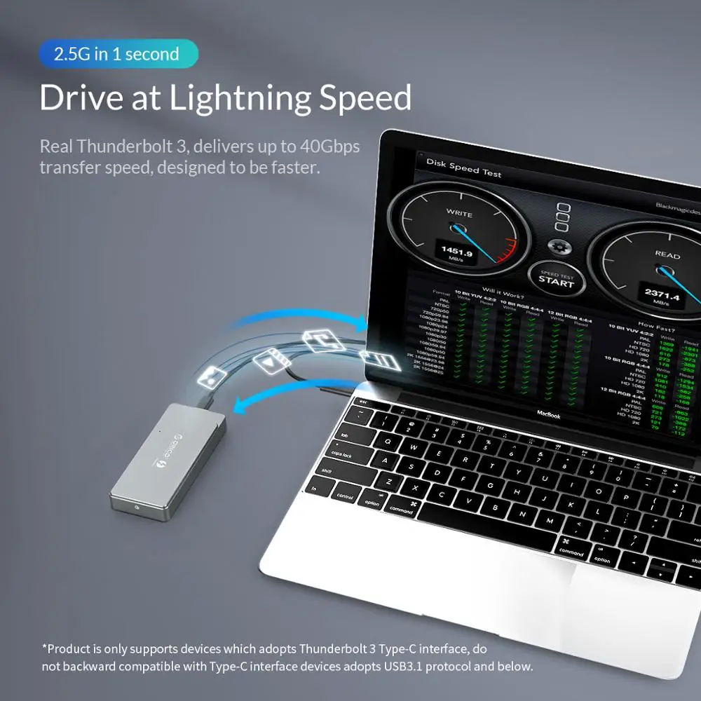 Оригинальные названия товаров не переводятся, поэтому перевод будет выглядеть так: Orico Thunderbolt 3 M.2 NVME SSD Enclosure Aluminum 40Gbps Case Support 2TB with C to Cable For Mac Windows on.