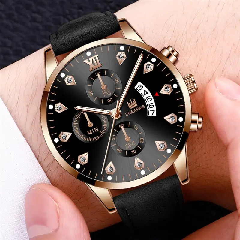 SHAARMS мужские часы новинка бриллиантовые кварцевые кожаный ремешок нержавеющая
