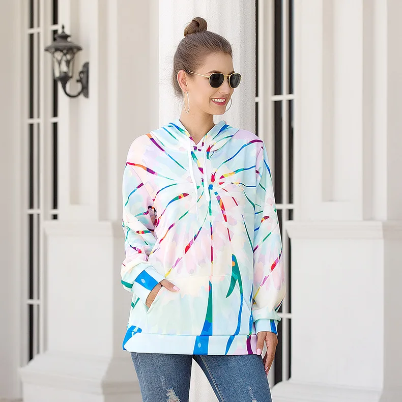 Light Blue Sholina плюс размер печатные свободные с капюшоном Drawstring карманные теплые толстовки женские модные повседневные топы галстук краситель свитер Толстовка - Цвет: Light Blue