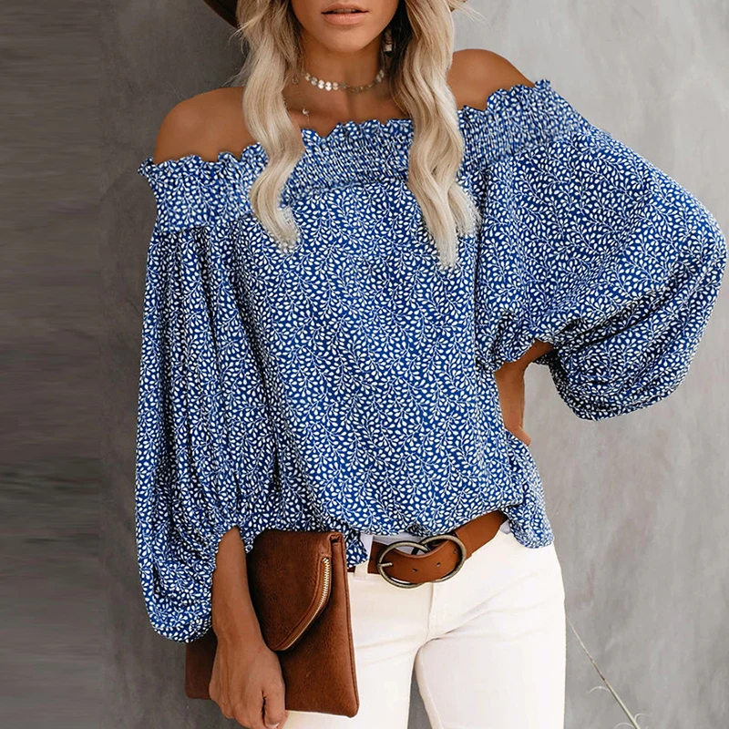 

Vintage Dot Print Ruffle Shirts Blouses Women Elegant Summer Off Shoulder Tops Ladies 2021 Casual Loose Bat Sleeve Blouse Blusas