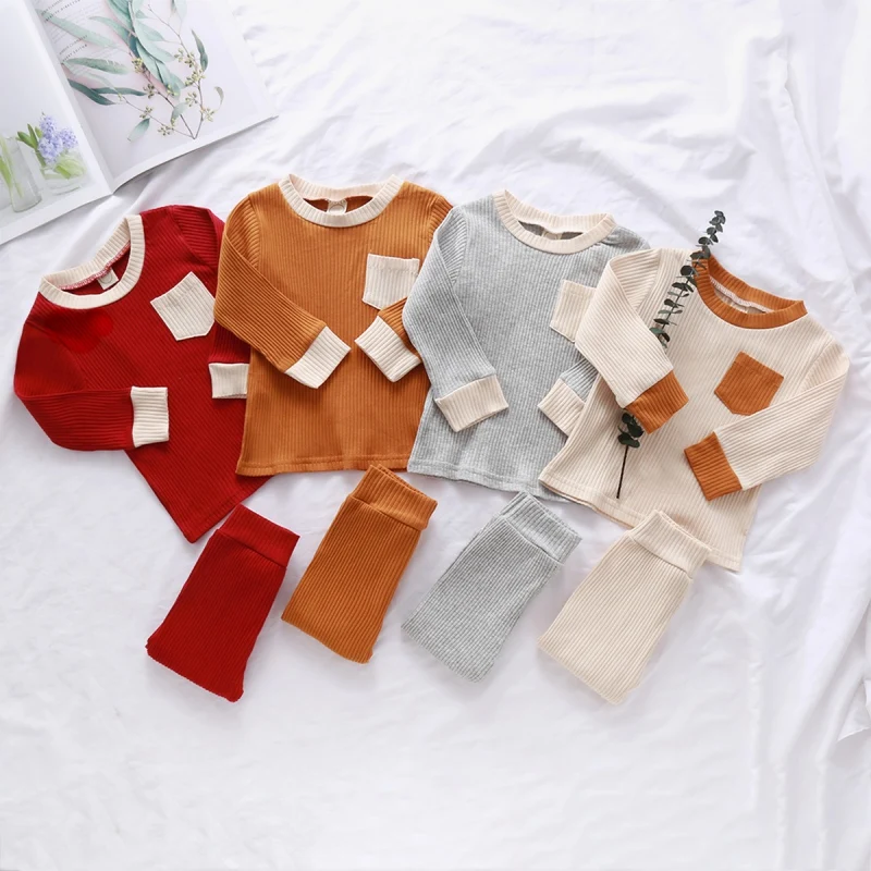 

Autumn Girls Boys Kids Outfits Children Clothing Set Knitted Pit Stripe Long Sleeve Trousers Tops + Pants 2Pcs Sets