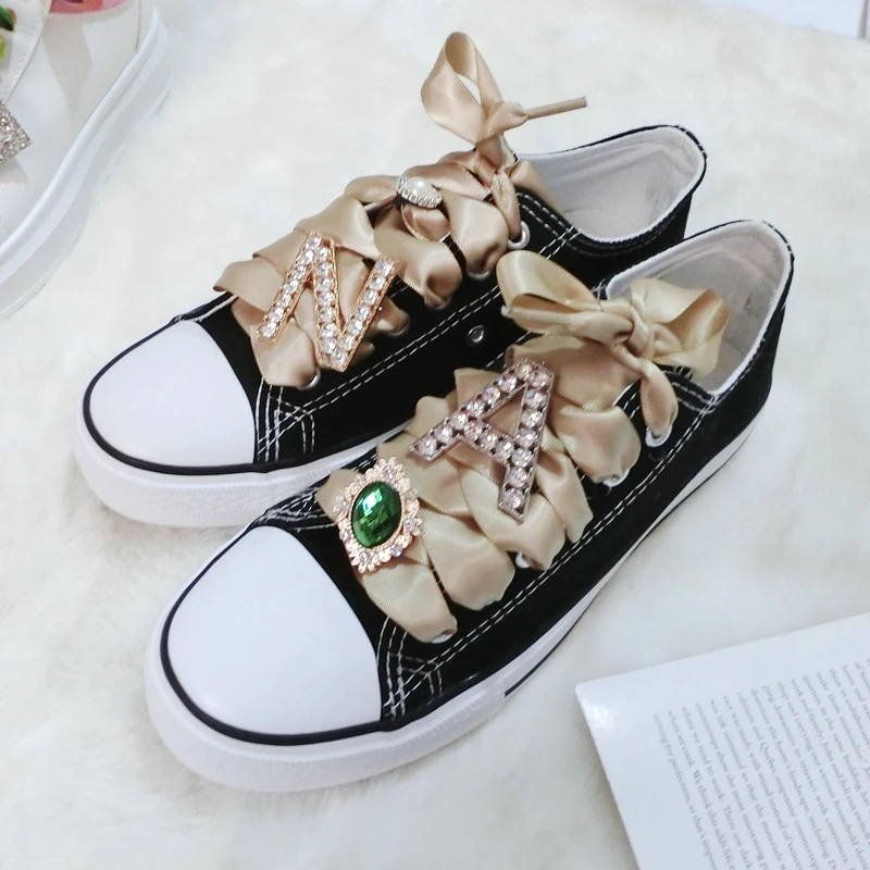 

Satin Shoelaces Decoration Metal Diamond letters Silk Ribbons Shoe Accessories Shiny Rhinestones DIY Sneakers Shoes Decorative