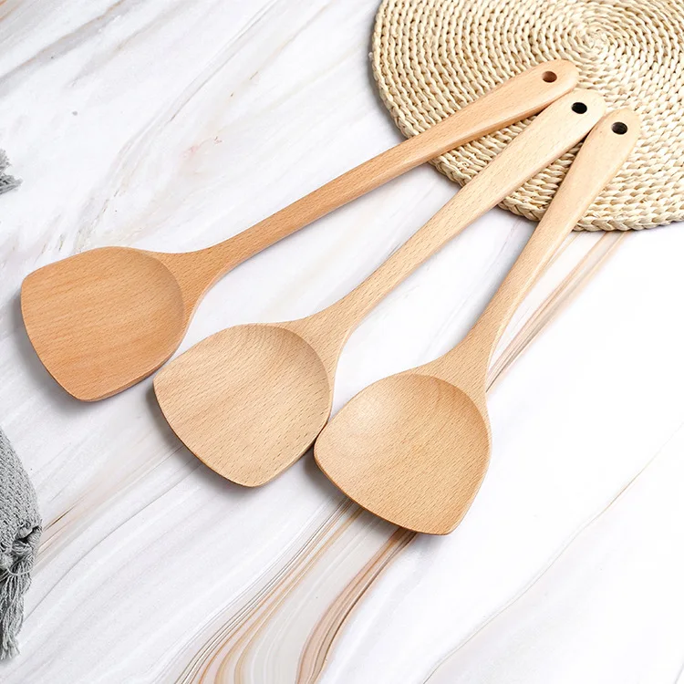 Wood color wooden tableware spatula wholesale beech long handle cooking shovel non-stick kitchen set | Дом и сад