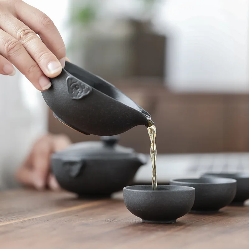 Черный керамический дорожный телефон ретро керамика один чайник три чашки для