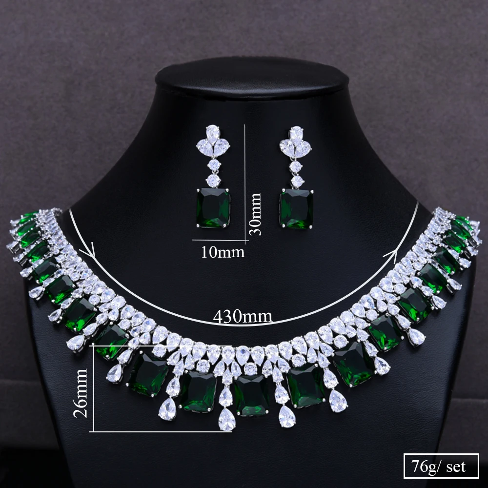 

missvikki Luxury Tassel Green Crystal 2PCS Jewelry Women Wedding Naija Bridal Cubic Zirconia Necklace Dubai Dress Jewelry Set
