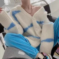 women cardigan tops fall 2021 knitwear korean new knitted jackets single breasted v neck long sleeve loose coats striped sweater