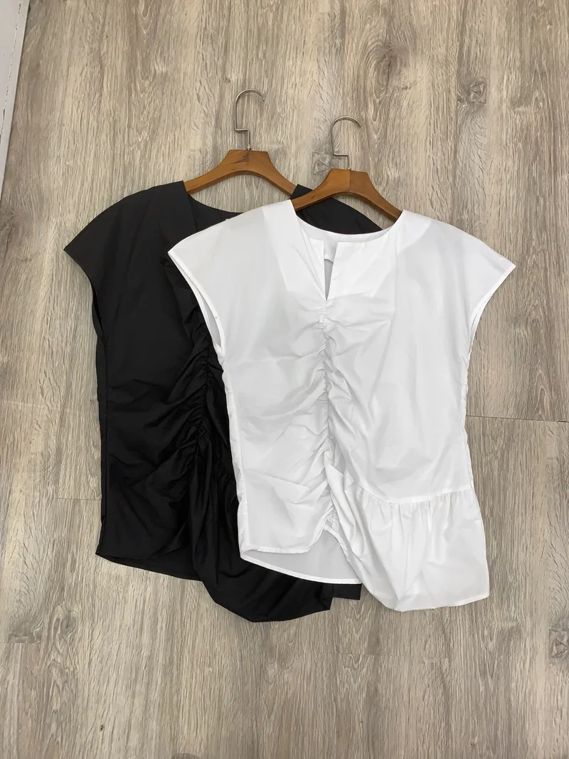 

Women T-shirt 2021 Fashionable and New Temperament Collage Cotton Sleeve V-neck Straight Tube Blouses