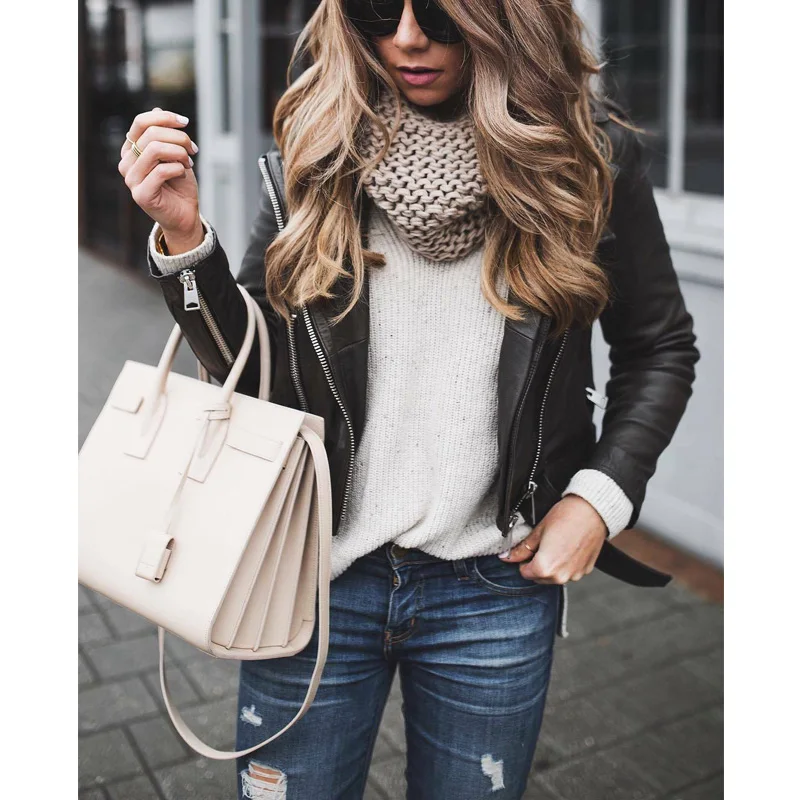 Женская Байкерская кожаная куртка из ПУ черная свободная теплая на молнии зимняя