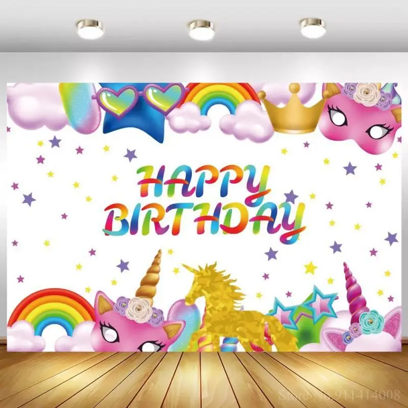 

Golden Pegasus Unicorn Running Kid Birthday Backdrop Party Decor Stars Rainbow Decoration White Cake Table Background For Photo