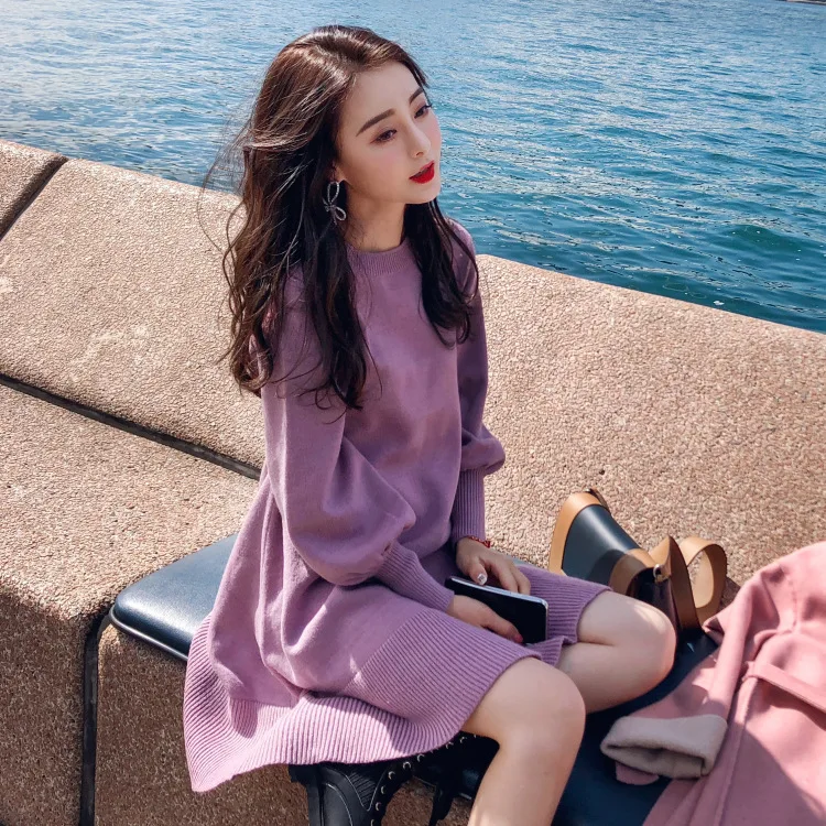 

2021spring Autumn New Korea Women Knitting Dress Fashion Thick Midi Winter Dress Warm Lantern sleeveFashion Sweater Dresses