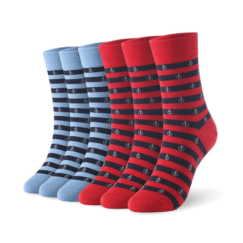 Blue3Red3 Хлопковые мужские носки в полоску с якорем, мужские мягкие носки, 6 пар/лот, Размер 7-11, европейские размеры 40-46, 1001 VKMONY - Цвет: Blue3Red3