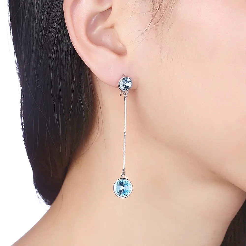 

SILVERHOO Long Earrings For Women S925 Sterling Silver Blue Round Austria Crystal Drop Earring Engagement Send To Girlfriend