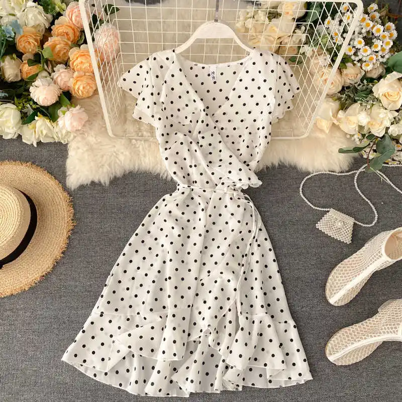

Women Lace Up Dot Summer Dress Sexy V Neck Wrap Dress Slim Waist Elegant Ruffles Beach Short Dress Vestido