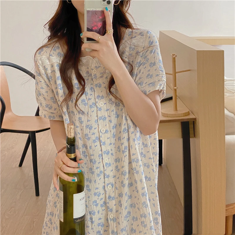 

Harajpee Sweet Pajamas Floral Printing Short Sleepwear Women Summer Thin Lace Patchwork Square Collar Nightgowns Home Wear Suit