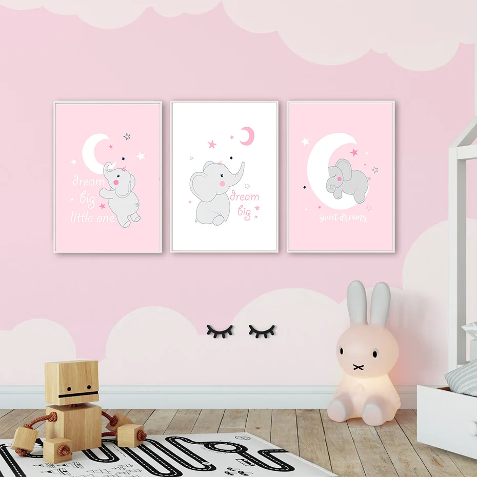 Розовый милый слон мечта Большой Декор детской комнаты холст картина стены