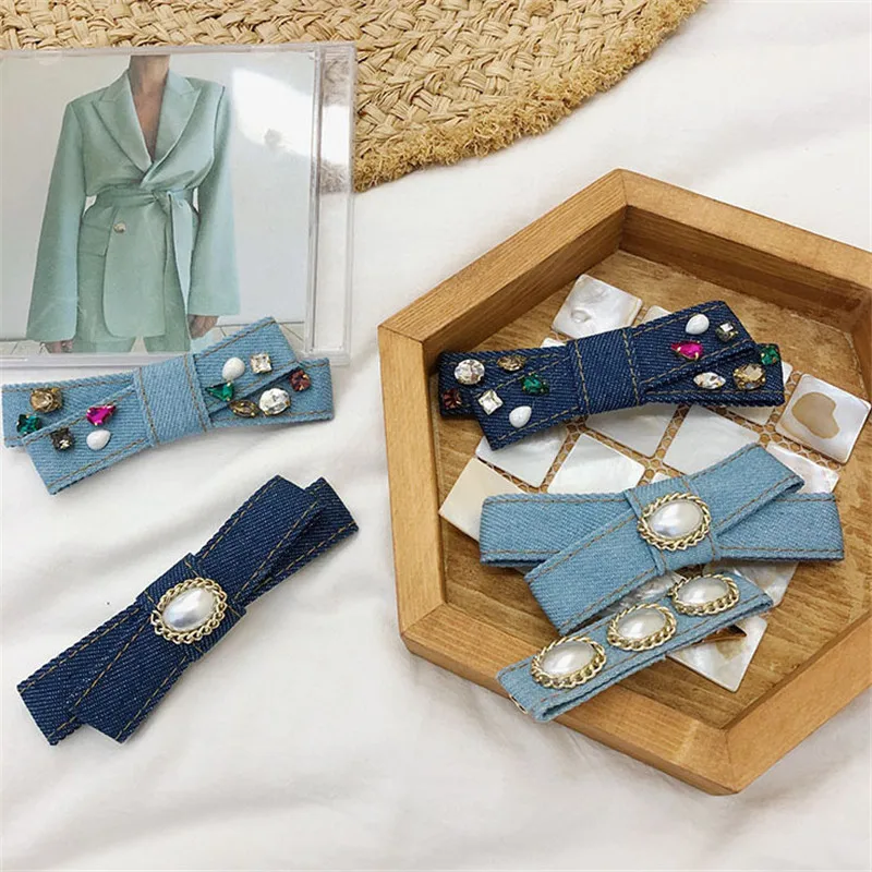 

2020 New Denim Bow Hairpin Korean Rhinestone Fine Hair Accessories Everyday Decorative Bangs Clip