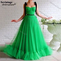 chenxiao mint green dotted tulle long prom dresses pleats velvet spaghetti strap evening gowns formal women party dress