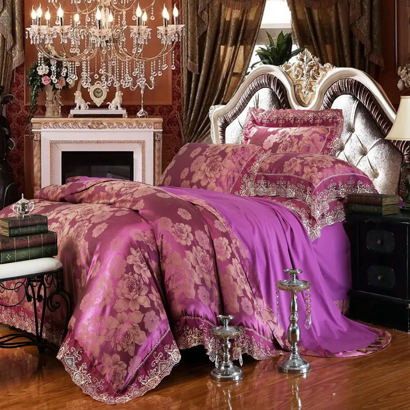

Sliver Golden Luxury Satin Jacquard comforter bedding sets Embroidery Super king size pillowcases Wedding decor bed sheet sets
