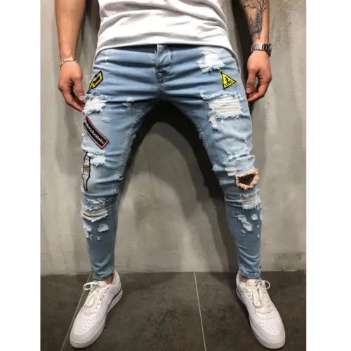 

Brand Men Jeans Ripped Stretchy Masculina Blue Pants Low Waist Pencil Pants Fashion Casual Streetwear Hip Hop Slim Fit Jeans