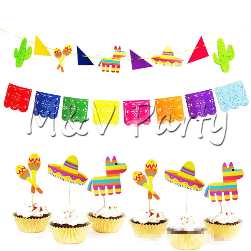 Украшения для вечеринки в мексиканском стиле: вытягиваемые цветы, соломенная шляпа, перец-кактус, вставки для торта, флаги с надписью "May".