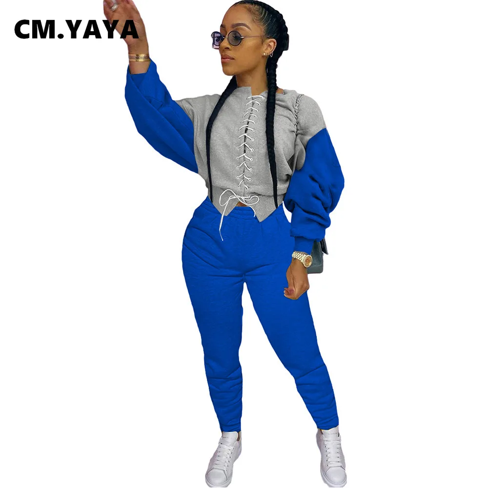 Спортивный костюм CM.YAYA в стиле пэчворк Женский комплект короткий топ на шнуровке