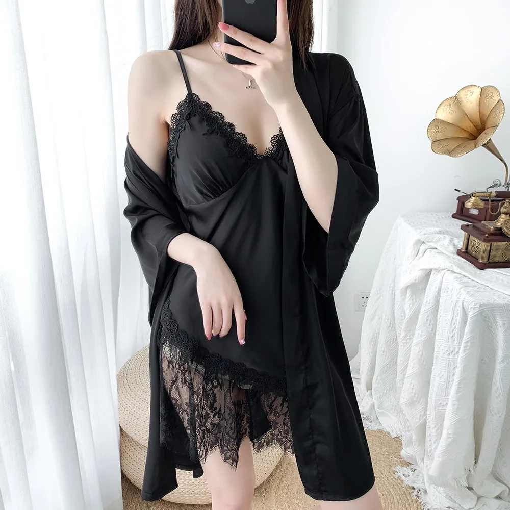 

Sexy 2PCS Robe Set Women Nightdress Lace Sleepwear Satin Kimono Bathrobe Gown Silky Home Clothes Temptations Intimate Lingerie