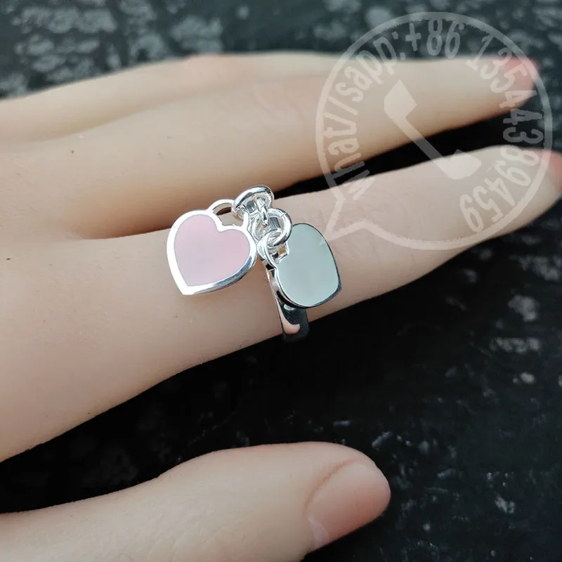 hot sale s925 sterling silver ring classic fashion women enamel double heart shaped ring luxury brand jewelry valentines gifts free global shipping