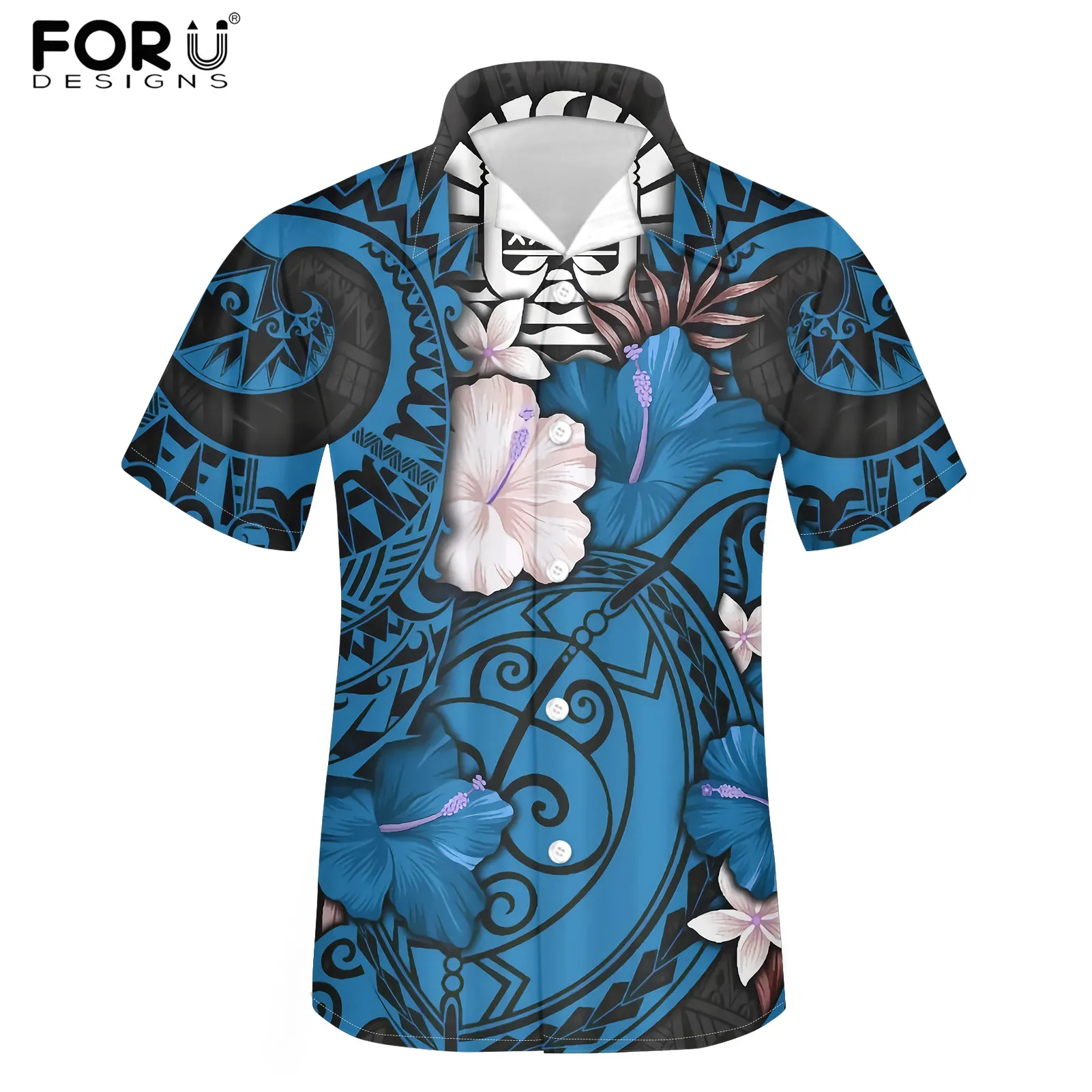 

FORUDESIGNS Button Fashion SHIRT Plumeria Polynesian Samoan Male Stand Collar Breathable Summer Loose Large Size Boys Tees