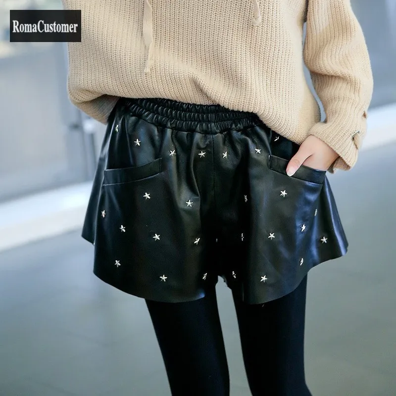 

Spring New Genuine Leather Loose Wide Leg Shorts Womens Sheepskin Korean Elegant Elastic Waist Casual Fashion Female Shorts