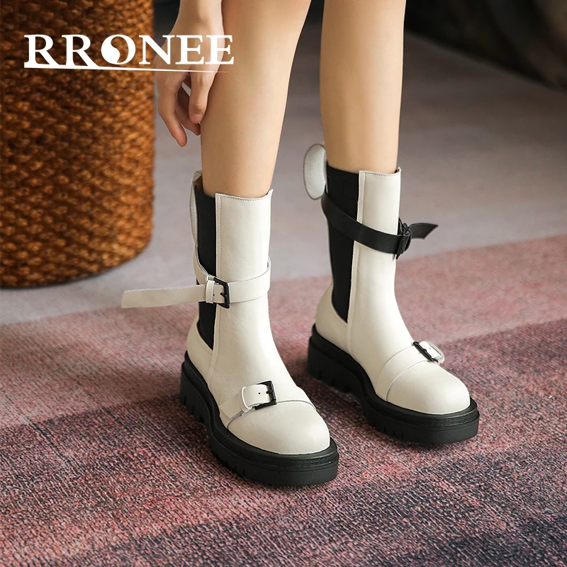 

The new 2021 Martin Boots women's English Style Thick Sole Chimney Single boot Round toe Middle tube Belt buckle Chelsea ankle