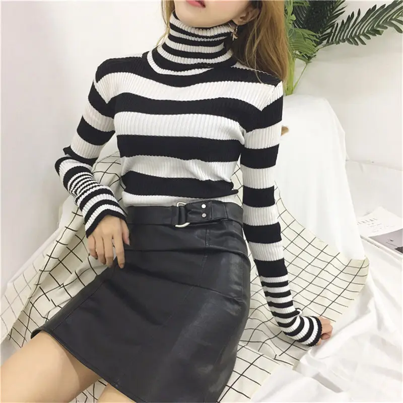 Woherb Casual Turtleneck Sweater Women Winter 2021 Knitted Pullover Korean Harajuku Striped Sweaters Pull Sueter Mujer 20105 | Женская