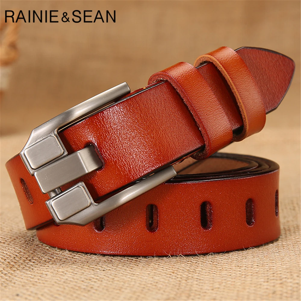 

RAINIE SEAN Red Women Belt Pin Buckle Real Leather Belts for Jeans Genuine Leather Cowskin High Quality Solid Ladies Belt 110cm