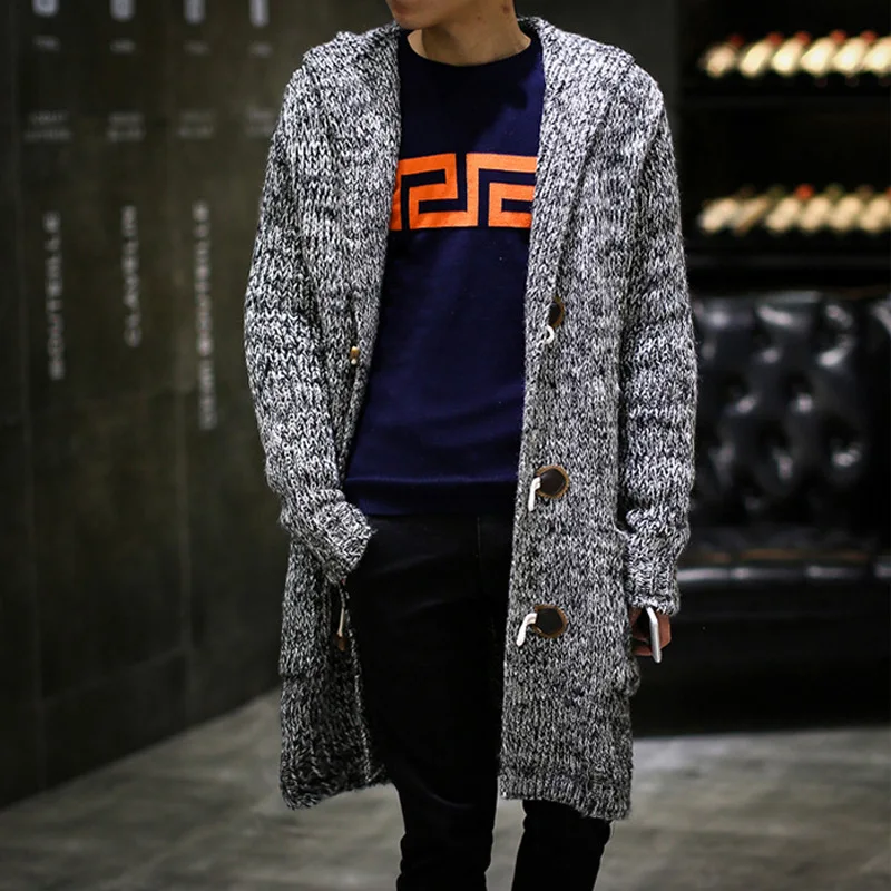 

Мужской кардиган с капюшоном, свитера, популярные модные мужские длинные свитера, мужской однотонный кардиган, свитера, длинное повседневн...