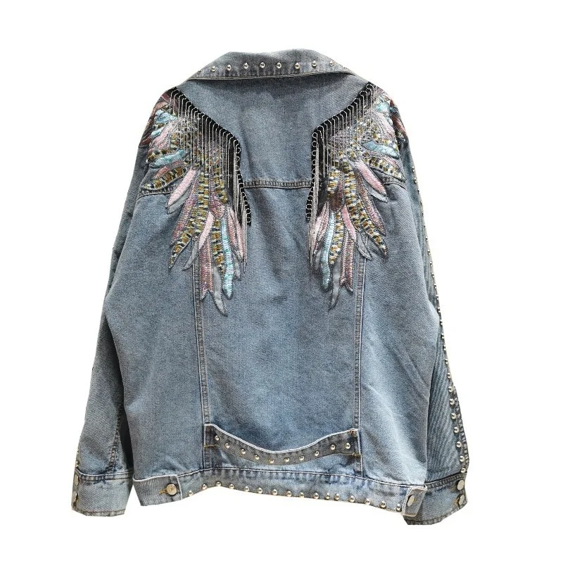 Autumn New Jeans Jacket Women Tassel Riveting Nail Cool All-match Casual Turn Down Collar Full Embroidered Denim Jacket Women