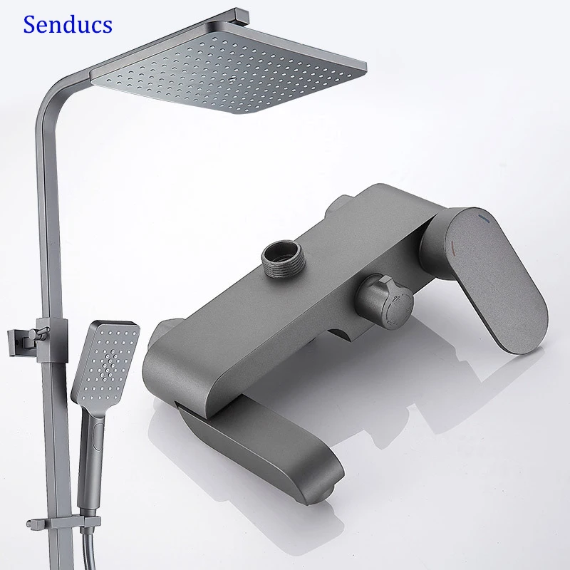 

Wholesale and Retail Hot and Cold Bathroom Shower Faucet Deep Grey Bathtub Shower System Square Head and Lifted Bar Shower Set