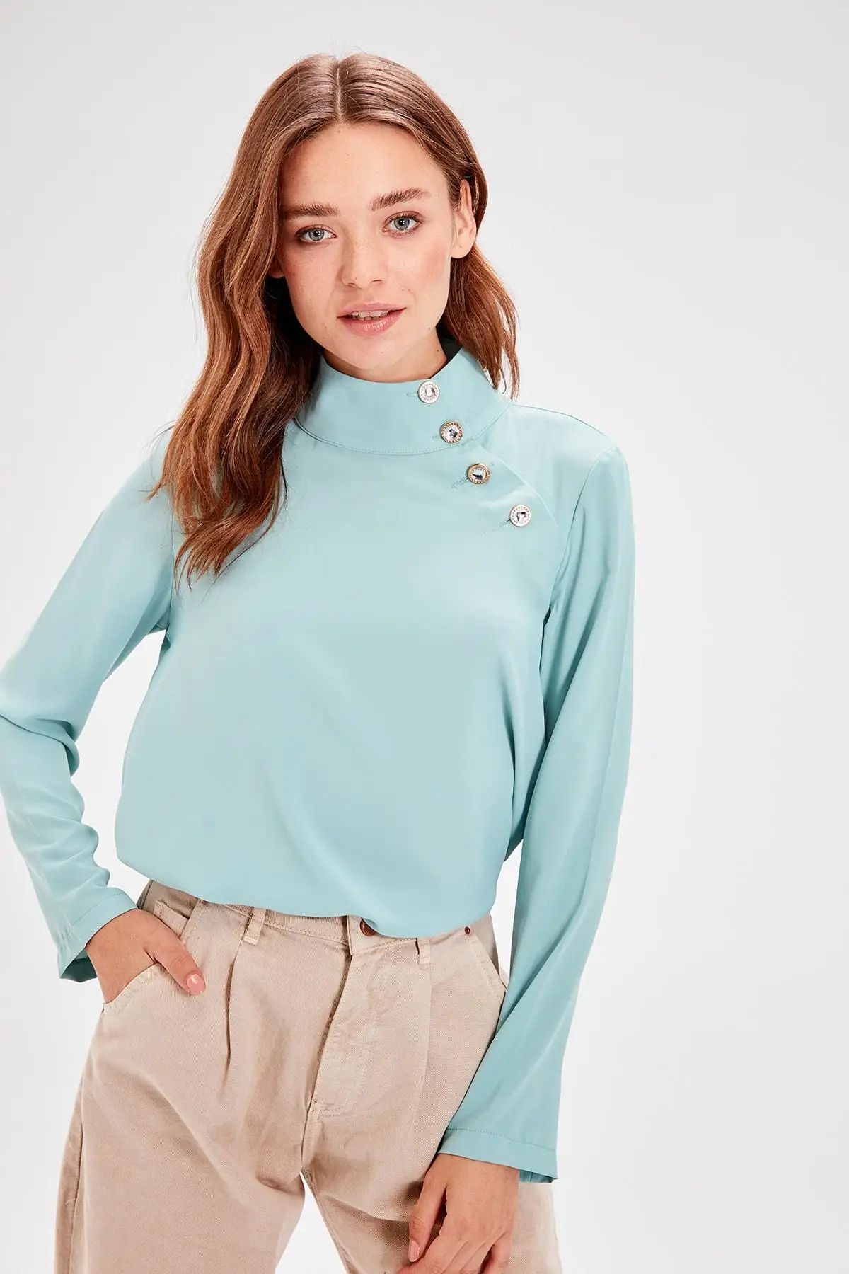 Trendyol мятный Камень Деталь Bluz TWOAW20BZ0367
