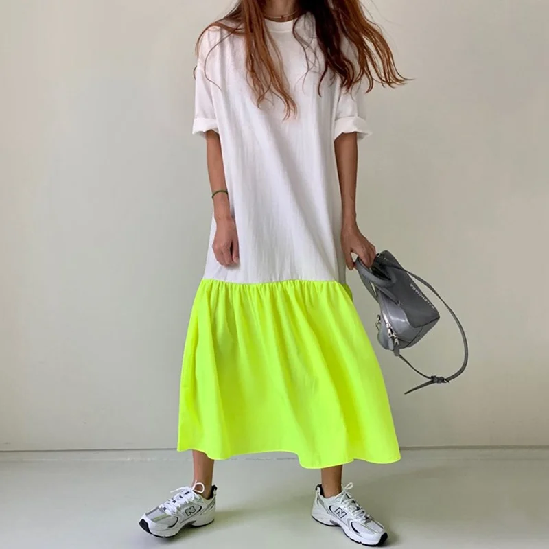 

Korean Chic Dress Foreign Style Round Neck Summer DressLoose Pleated Contrast Stitching T-shirt Dress Long Skirt