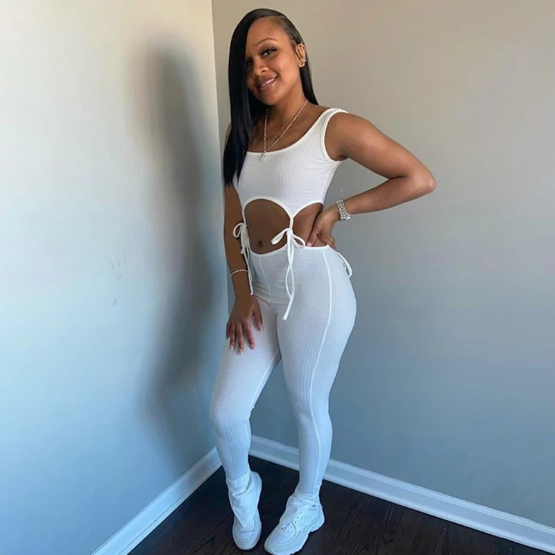 

Bandage Fitness Fashion Women Matching Sets Sleeveless Sporty Workout Two Piece Outfits Skinny Top and Pants Set