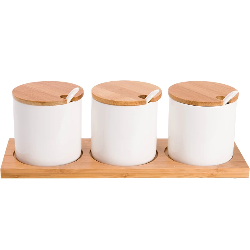 

Ceramic Condiment Storage Jar Seasoning Pot Bamboo Holder Spice Jar Sugar Box Salt Pepper Can Kitchen Restaurant Organizer Tools