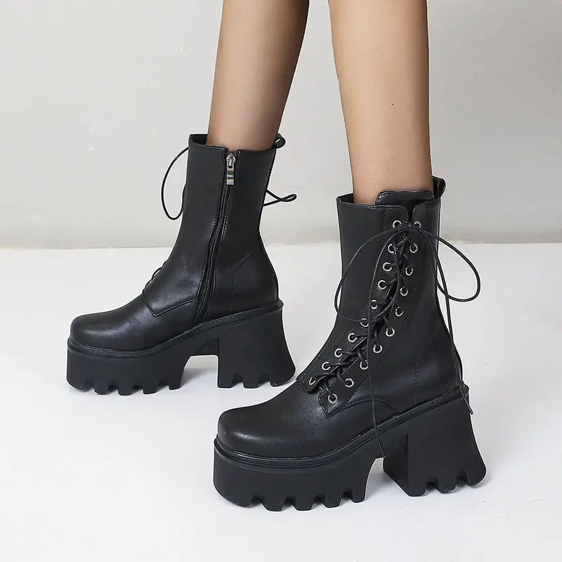 

Punk Women Boots Fashion Platform Ankle Boots Lacing Chuky Heel Motorcycle Boots Squar Toe Zipper Autumn Winter Woman Shoes 2021