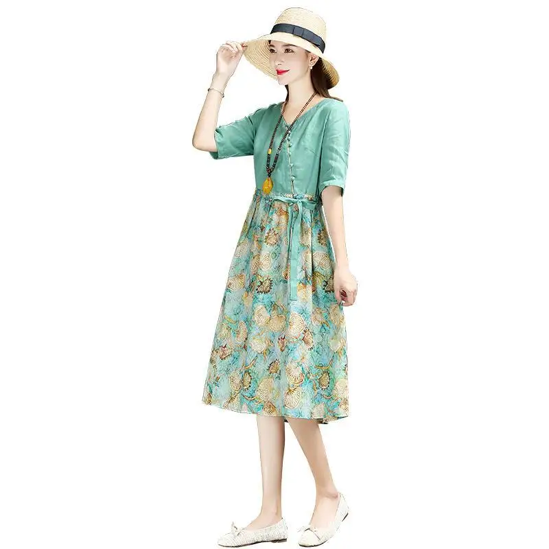 

2021 Women Spring Summer Casual Slim Print Dresses Lady V-Neck Half Sleeve A-Line Dress Female Vintage Linen Loose Vestidos J105