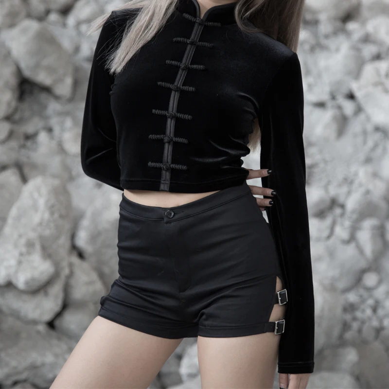Женская бархатная футболка WannaThis черная облегающая с китайским воротником