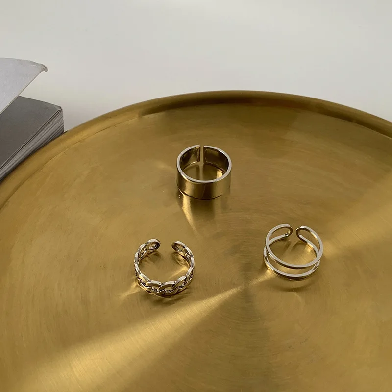 

3PCS/SET Korea Vintage Metal Chain Open Rings for Women Gold Silver Color Wide Ring Set Party Jewelry Gifts