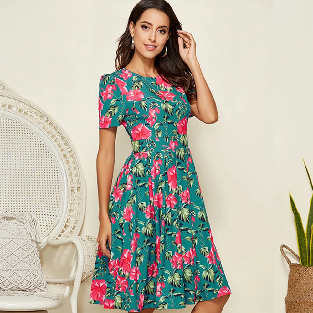 

Dresses for Women 2021 New Spring and Summer Dress Short Sleeve Printed Green Slim Fit A- line Dress Vestido verano