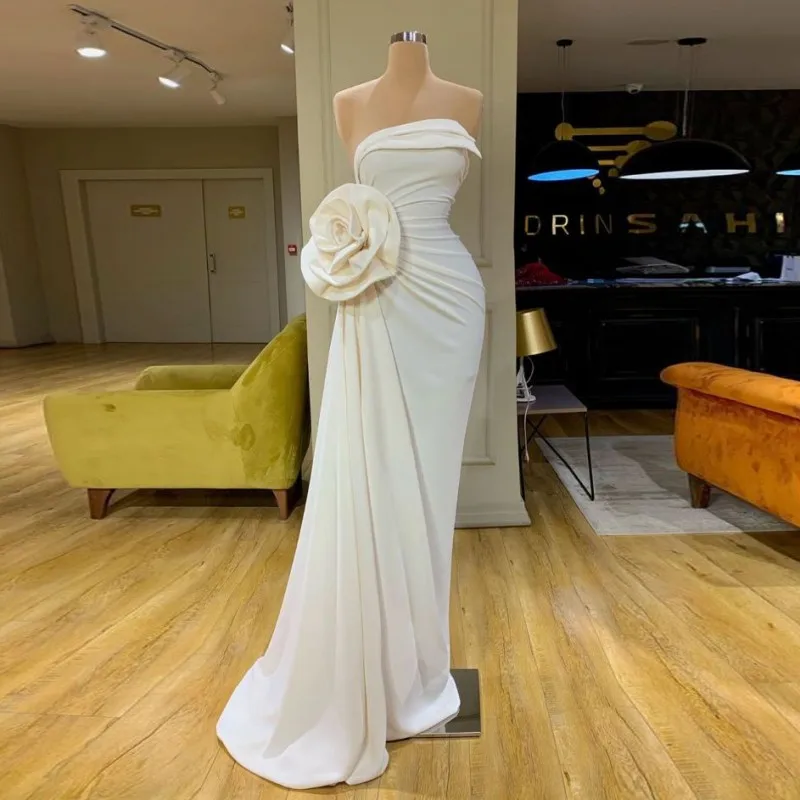 

Simple Style Strapless Evening Dresses 2021 Summer Ruched Mermaid Prom Gowns Satin Long Robe Formal Party Dress Cheap