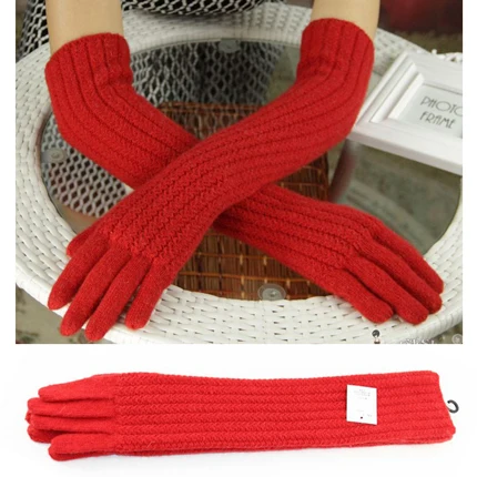 45 cm red 45 см длинные шерстяные перчатки варежки для женщин теплые зимние вязаные модные перчатки черные коричневые серые женские локоть брендовые перчатки Новинка - Цвет: 45 cm red